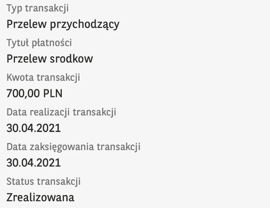 Szczegóły historycznego wpływu w GOmobile z datą księgowania i statusem Zrealizowana