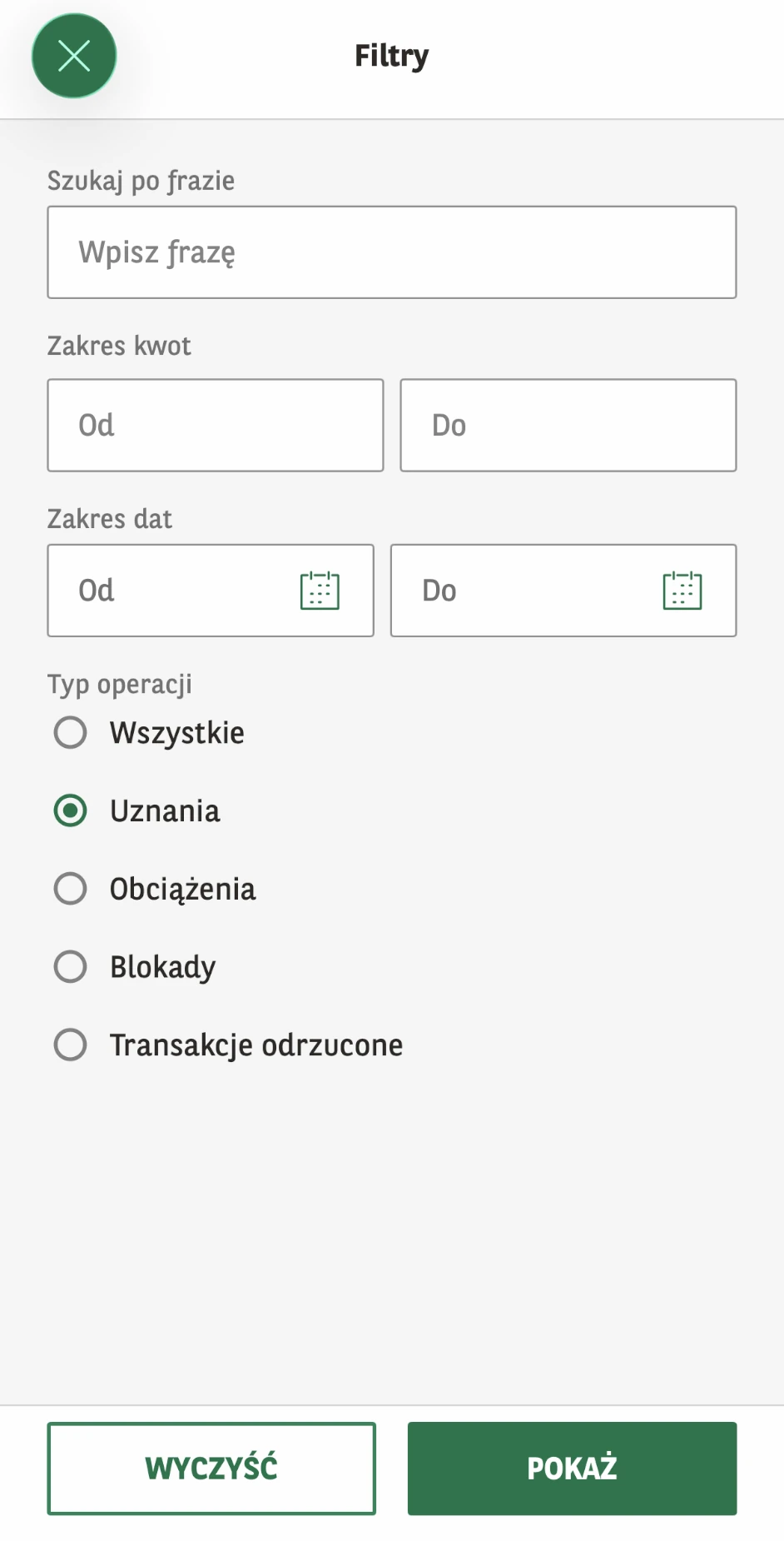 Filtry historii GOmobile z wybranym rodzajem operacji Uznania