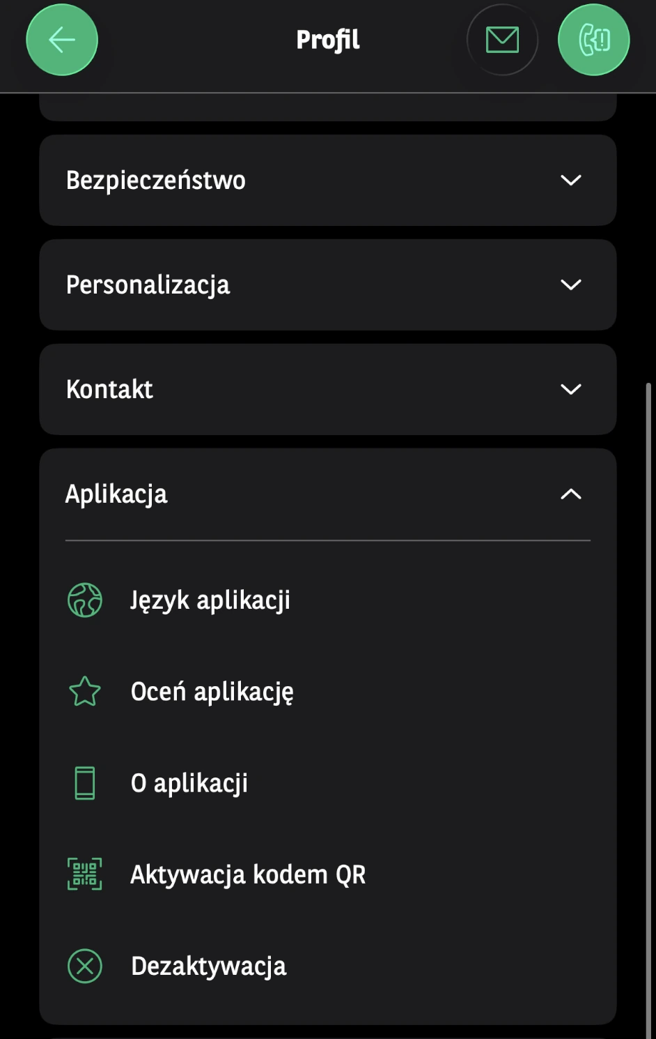 Profil GOmobile z rozwiniętą sekcją Aplikacja i opcją Aktywacja kodem QR