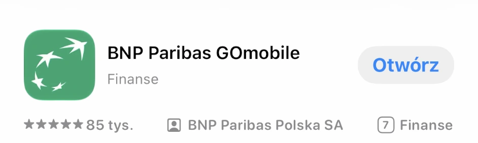 Oficjalna aplikacja BNP Paribas GOmobile w App Store z nazwą wydawcy