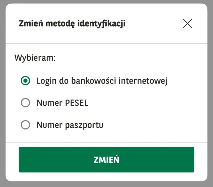 Wybór metody identyfikacji w GOmobile: login, PESEL lub numer paszportu