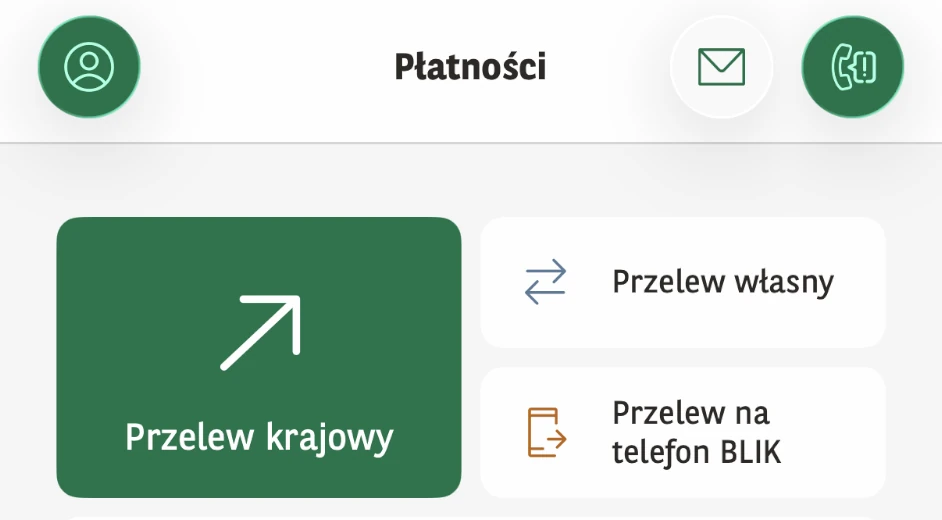 Menu Płatności GOmobile z kafelkiem Przelew krajowy