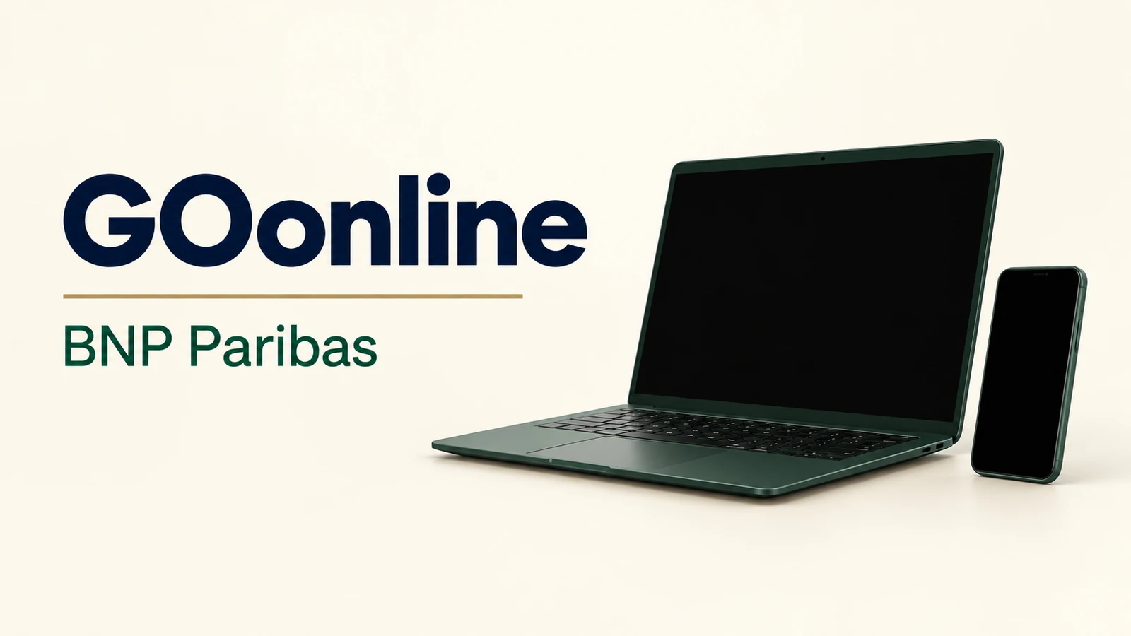 GOonline BNP Paribas, laptop i telefon z pustymi ekranami.
