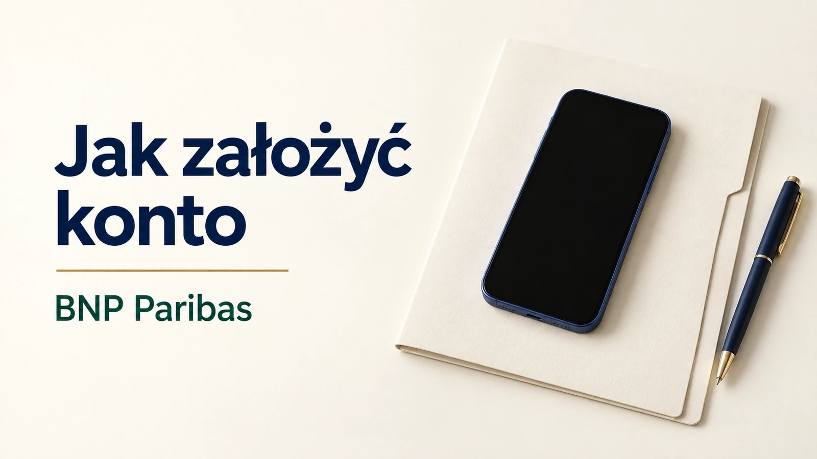 Telefon, teczka i długopis na kremowym tle z napisem Jak założyć konto BNP Paribas.