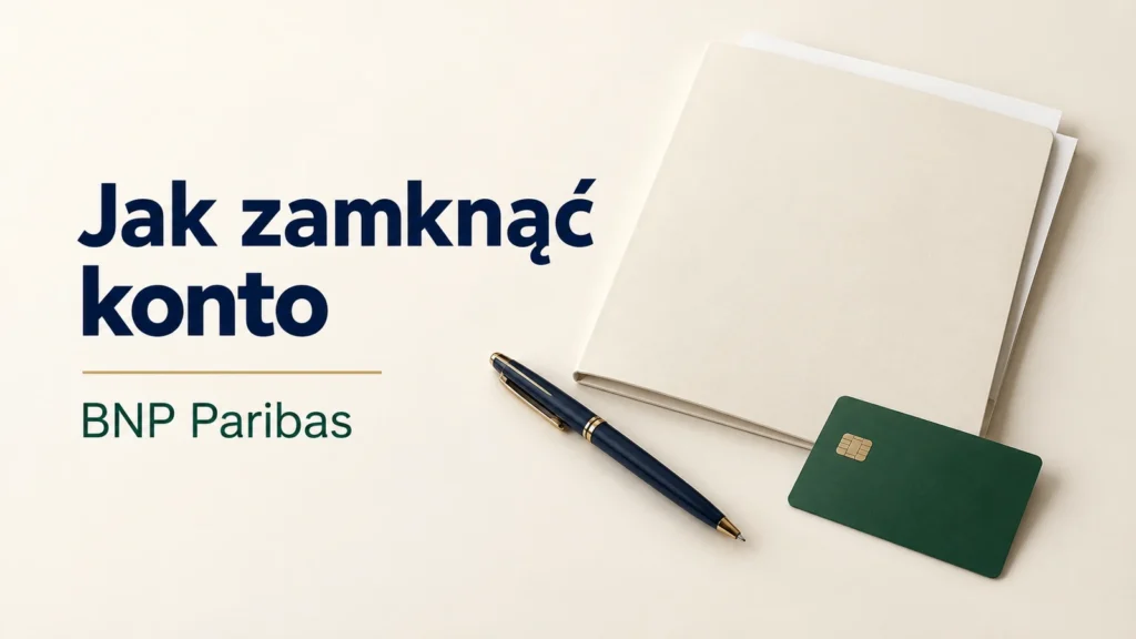 Teczka, długopis i karta na kremowym tle z napisem Jak zamknąć konto BNP Paribas.