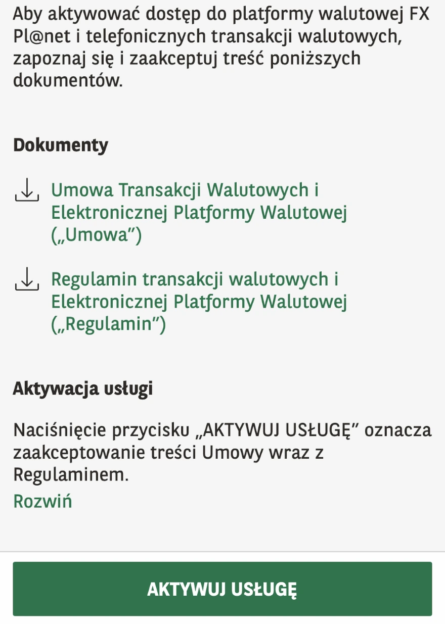 Ekran aktywacji kantoru GOmobile z umową, regulaminem i przyciskiem Aktywuj usługę