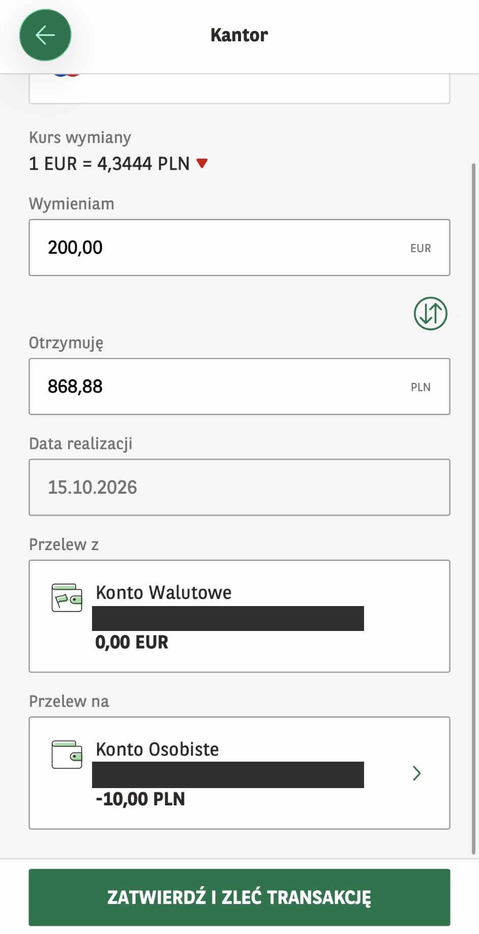Formularz sprzedaży 200 EUR za 868,88 zł w GOmobile z rachunkami i przyciskiem Zatwierdź i zleć transakcję