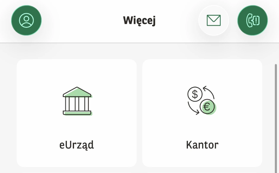 Zakładka Więcej w GOmobile z ikoną Kantor
