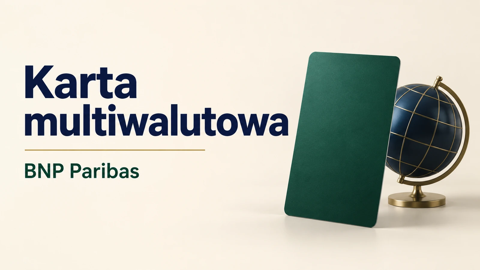 Karta multiwalutowa BNP Paribas, pusta zielona karta i granatowy globus.