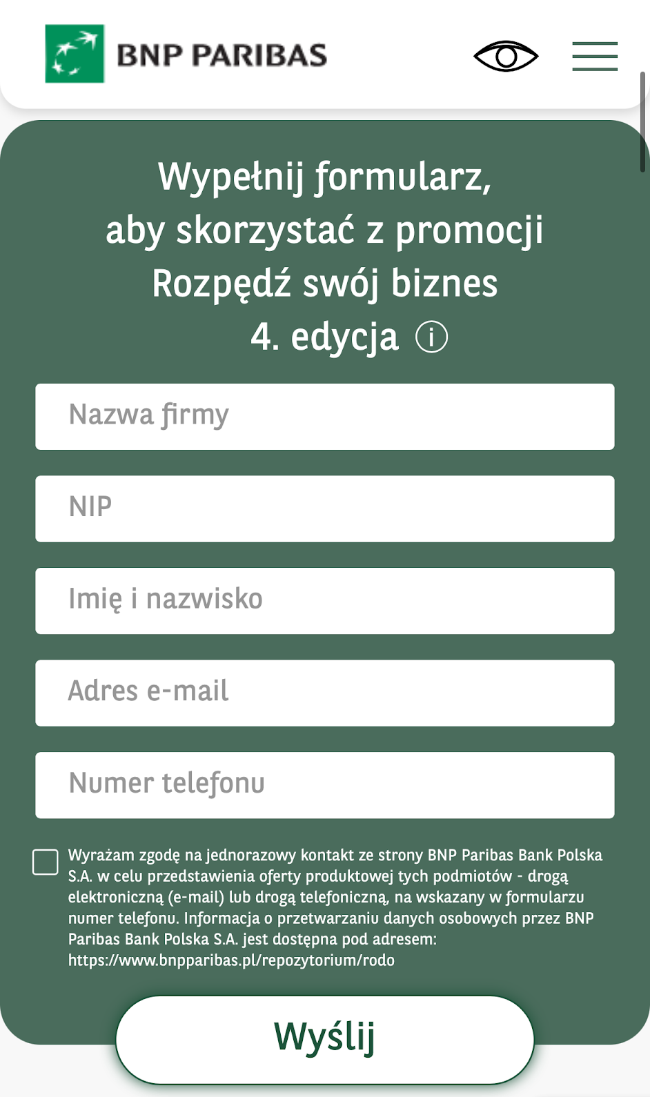 Pusty formularz kontaktowy na stronie promocji Konta Otwartego na Biznes BNP Paribas
