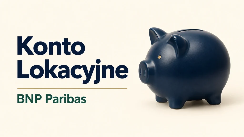 Konto Lokacyjne BNP Paribas, granatowa skarbonka na kremowym tle.