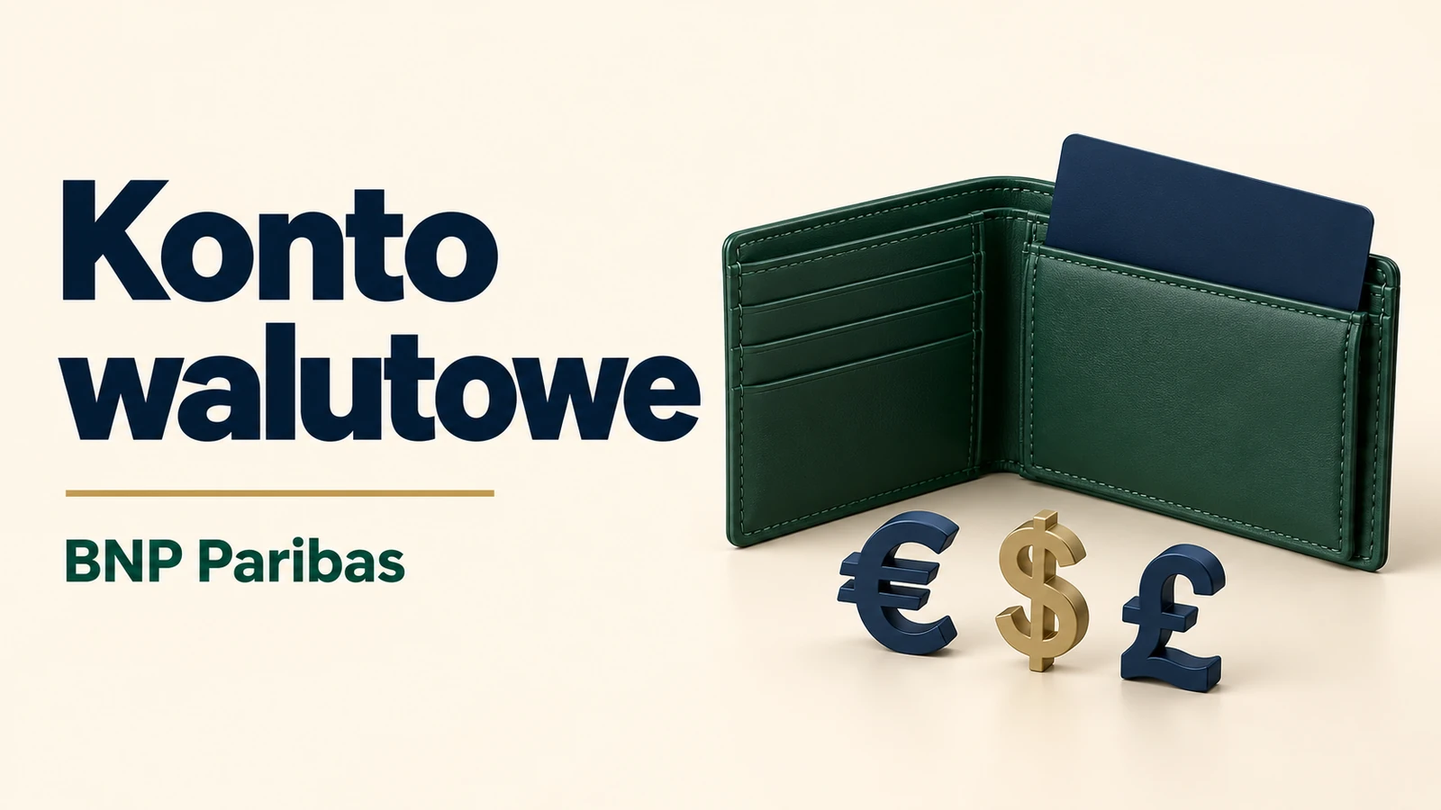 Konto walutowe BNP Paribas, zielony portfel z pustą kartą i symbolami walut.