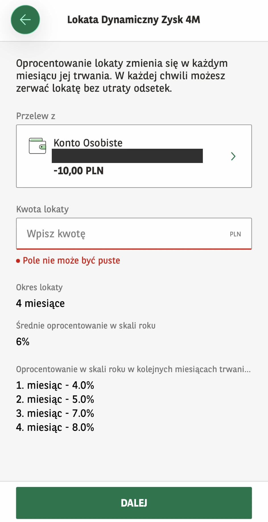 Formularz Dynamicznego Zysku z wyborem rachunku, polem kwoty i stawkami dla czterech miesięcy