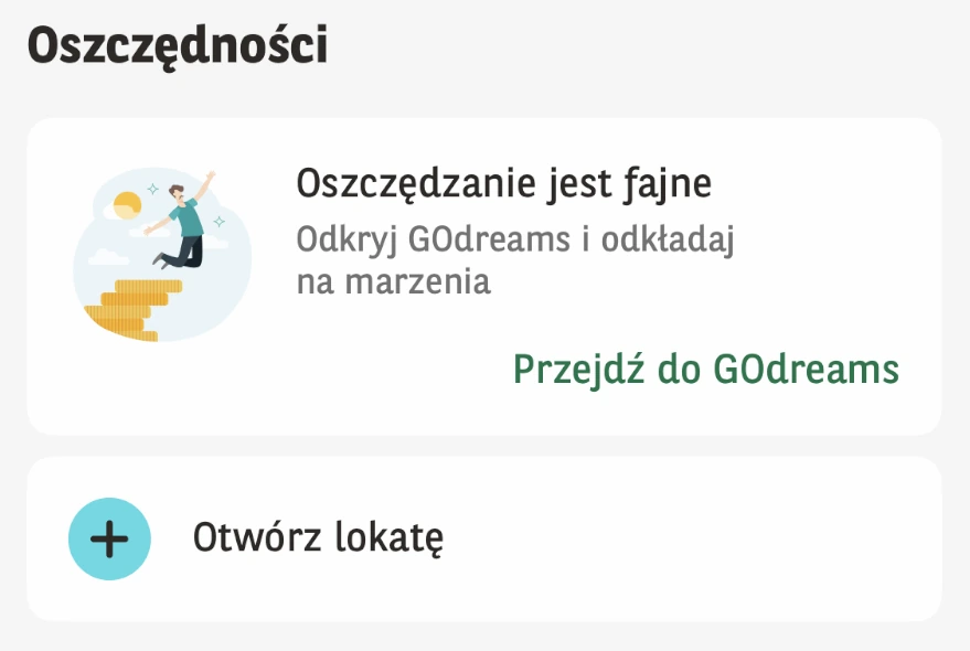Sekcja Oszczędności w GOmobile z przyciskiem Otwórz lokatę