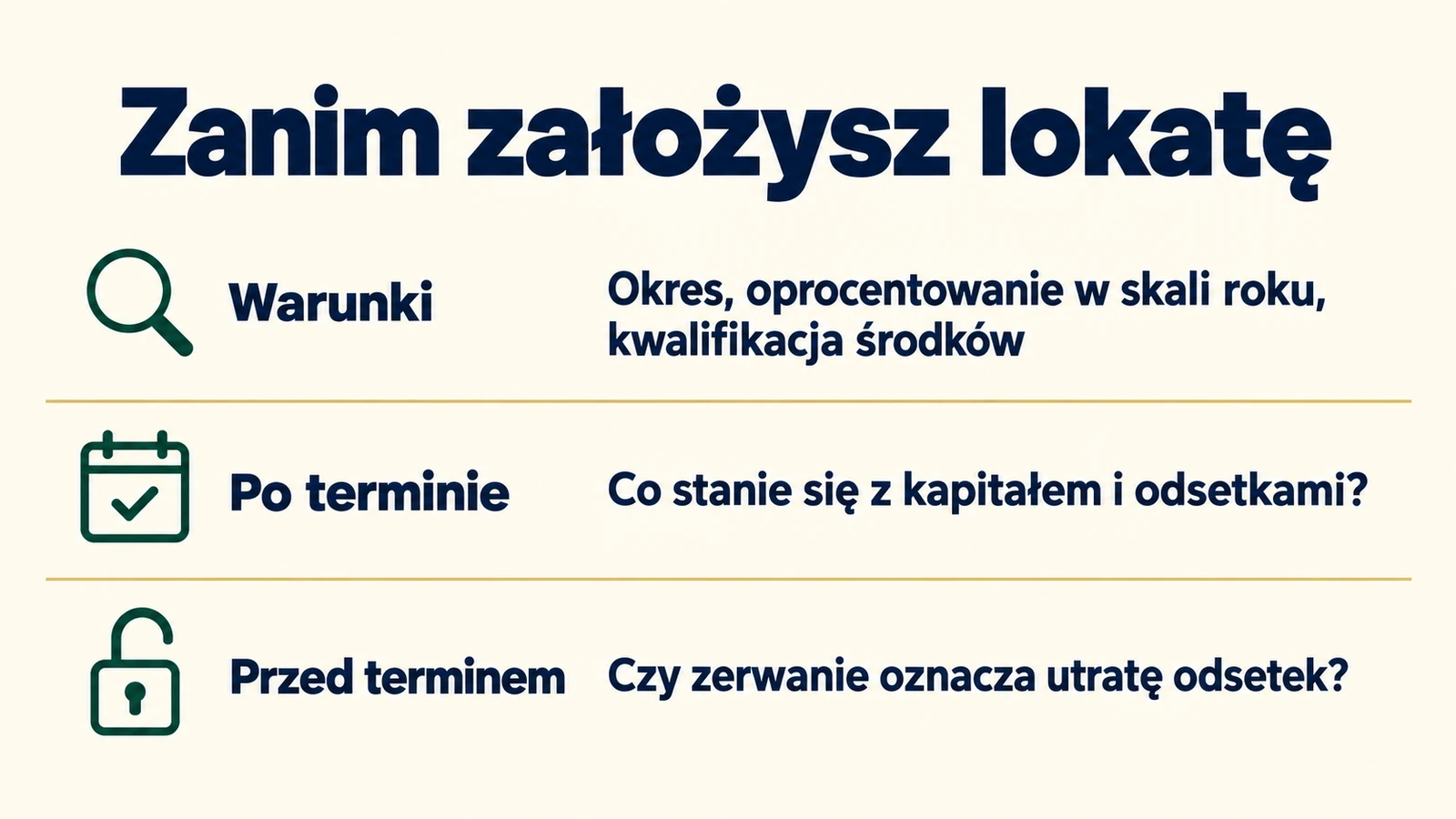 Przed założeniem lokaty sprawdź warunki, rozliczenie po terminie i konsekwencje wcześniejszego zerwania.