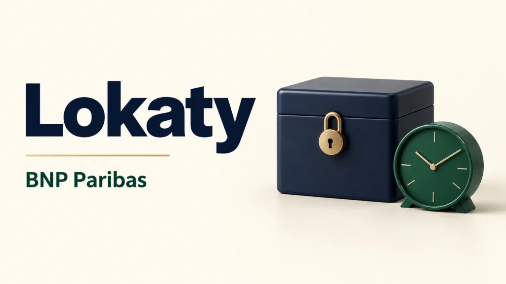Lokaty BNP Paribas, granatowe pudełko z zamkiem i zielony zegar na kremowym tle.