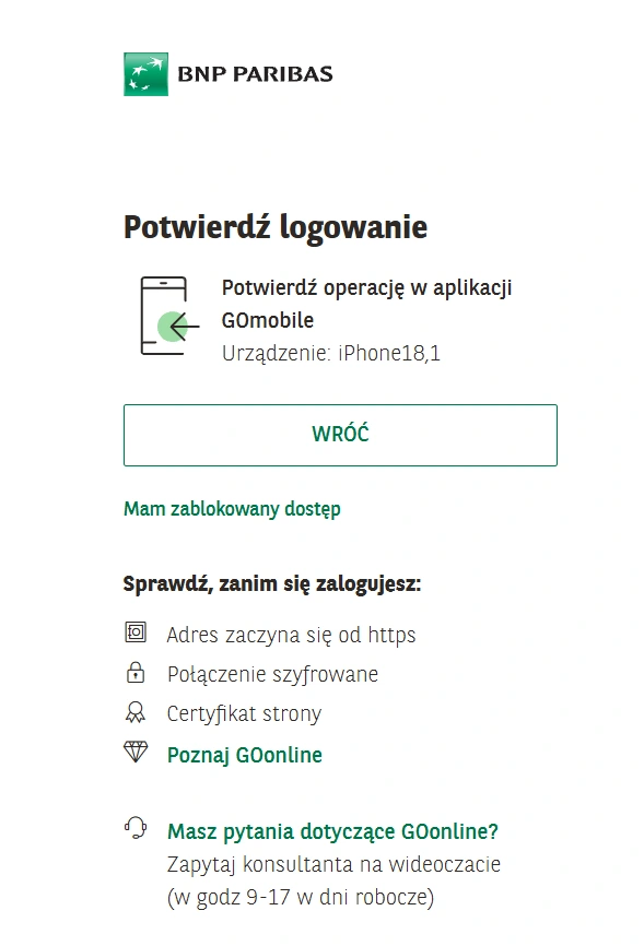 Ekran BNP z prośbą o potwierdzenie logowania w aplikacji GOmobile