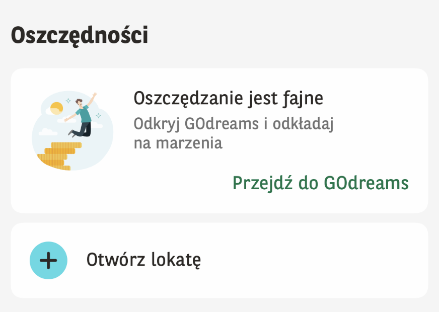 Sekcja Oszczędności w GOmobile z przyciskiem Otwórz lokatę