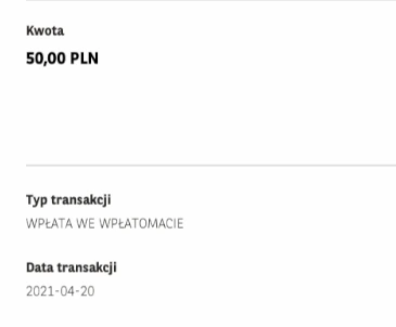 Fragment potwierdzenia z kwotą 50 zł, typem Wpłata we wpłatomacie i datą transakcji