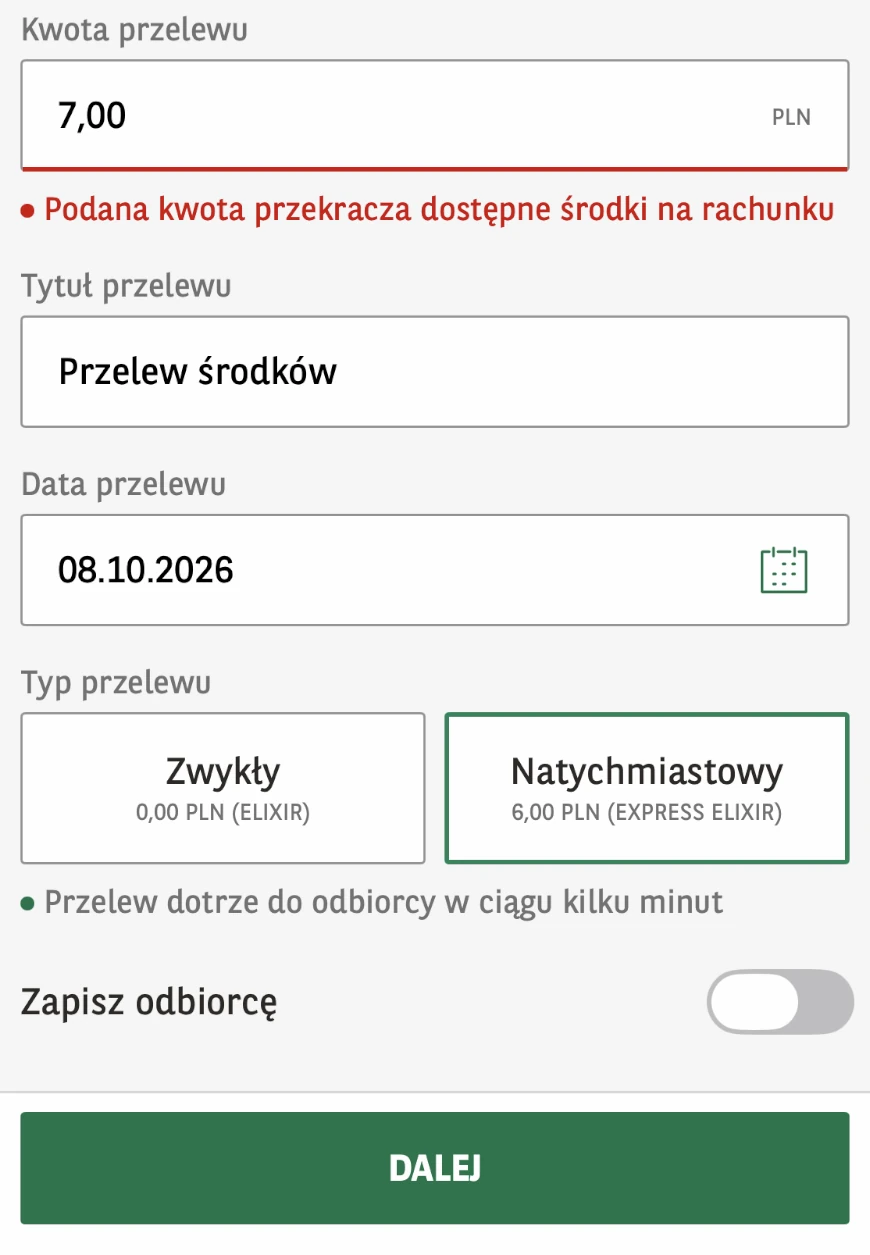 Formularz GOmobile z wyborem przelewu zwykłego i natychmiastowego za 6 zł
