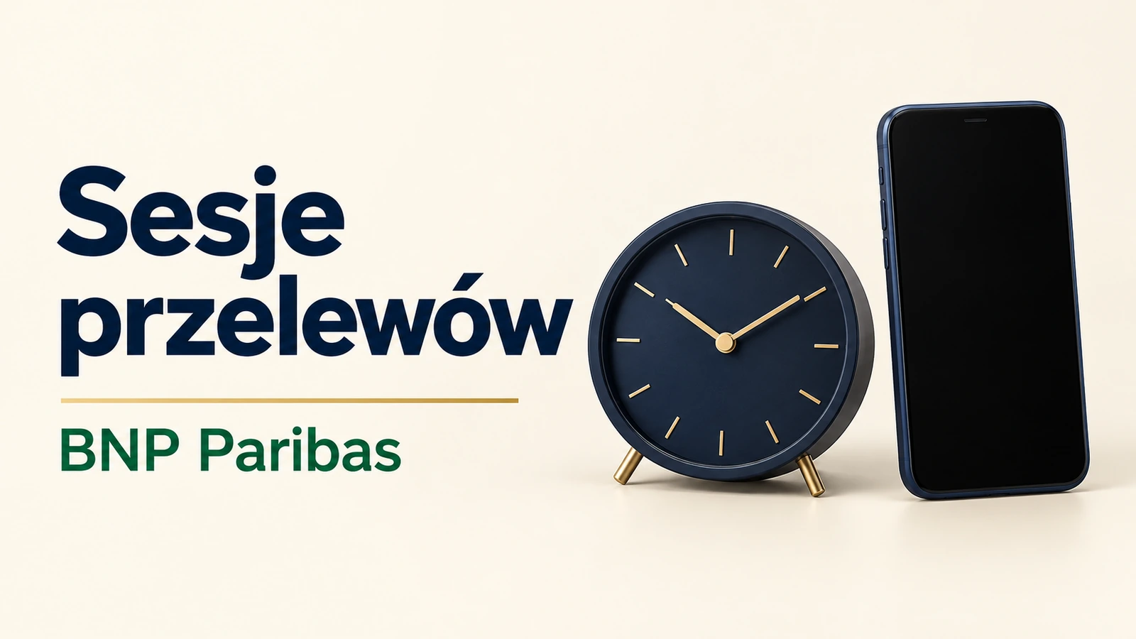 Sesje przelewów BNP Paribas, zegar i telefon z czarnym ekranem na kremowym tle.