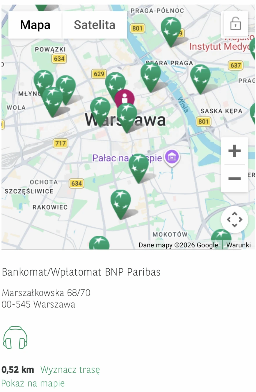 Mapa wpłatomatów BNP i przykładowy adres przy Marszałkowskiej w Warszawie