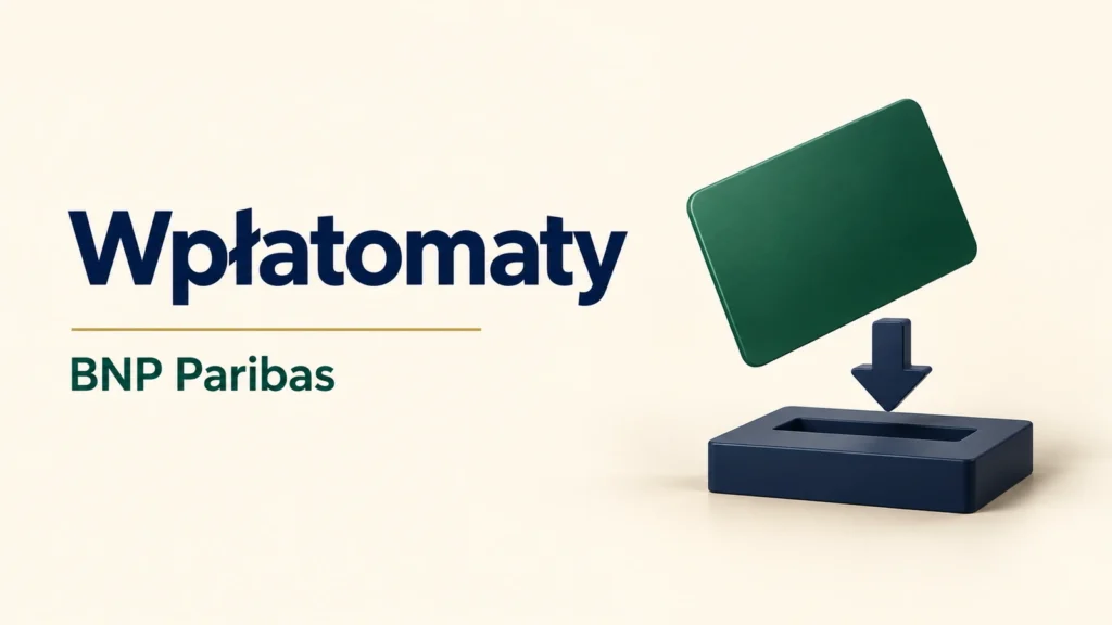 Wpłatomaty BNP Paribas, pusta zielona karta i symbol wpłaty na kremowym tle.
