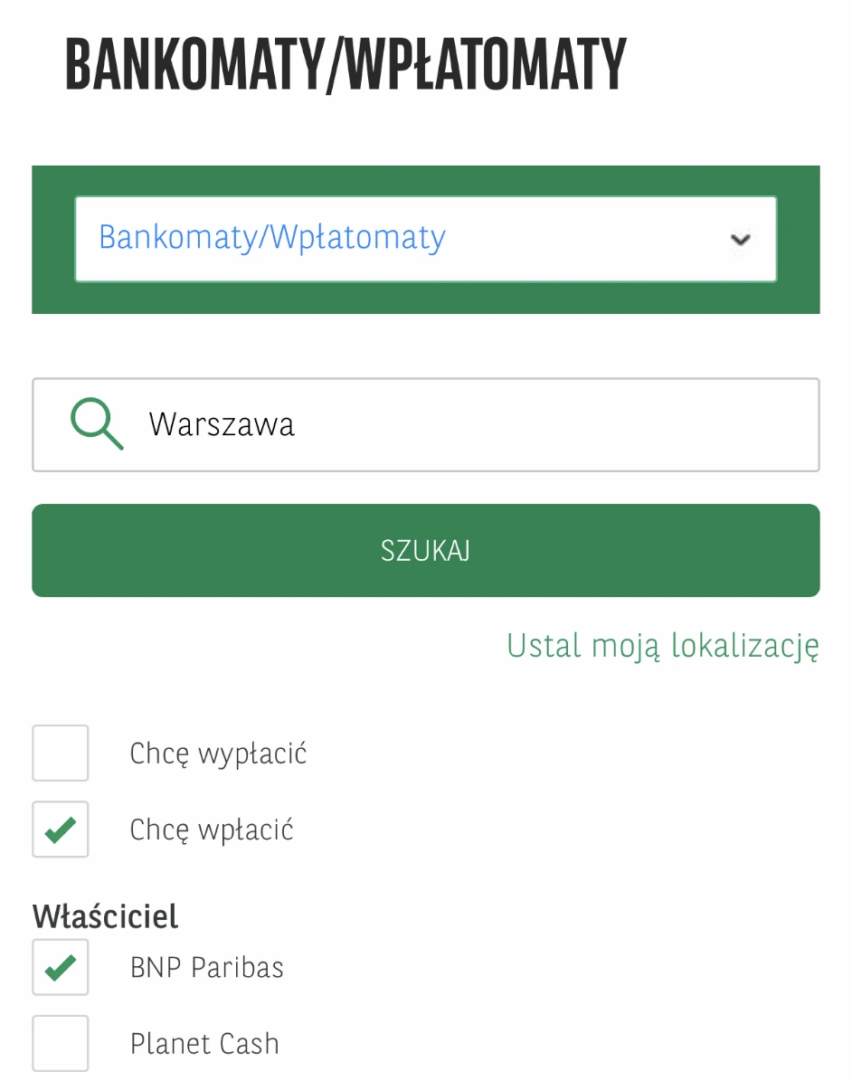 Wyszukiwarka BNP z zaznaczonym filtrem Chcę wpłacić i właścicielem BNP Paribas
