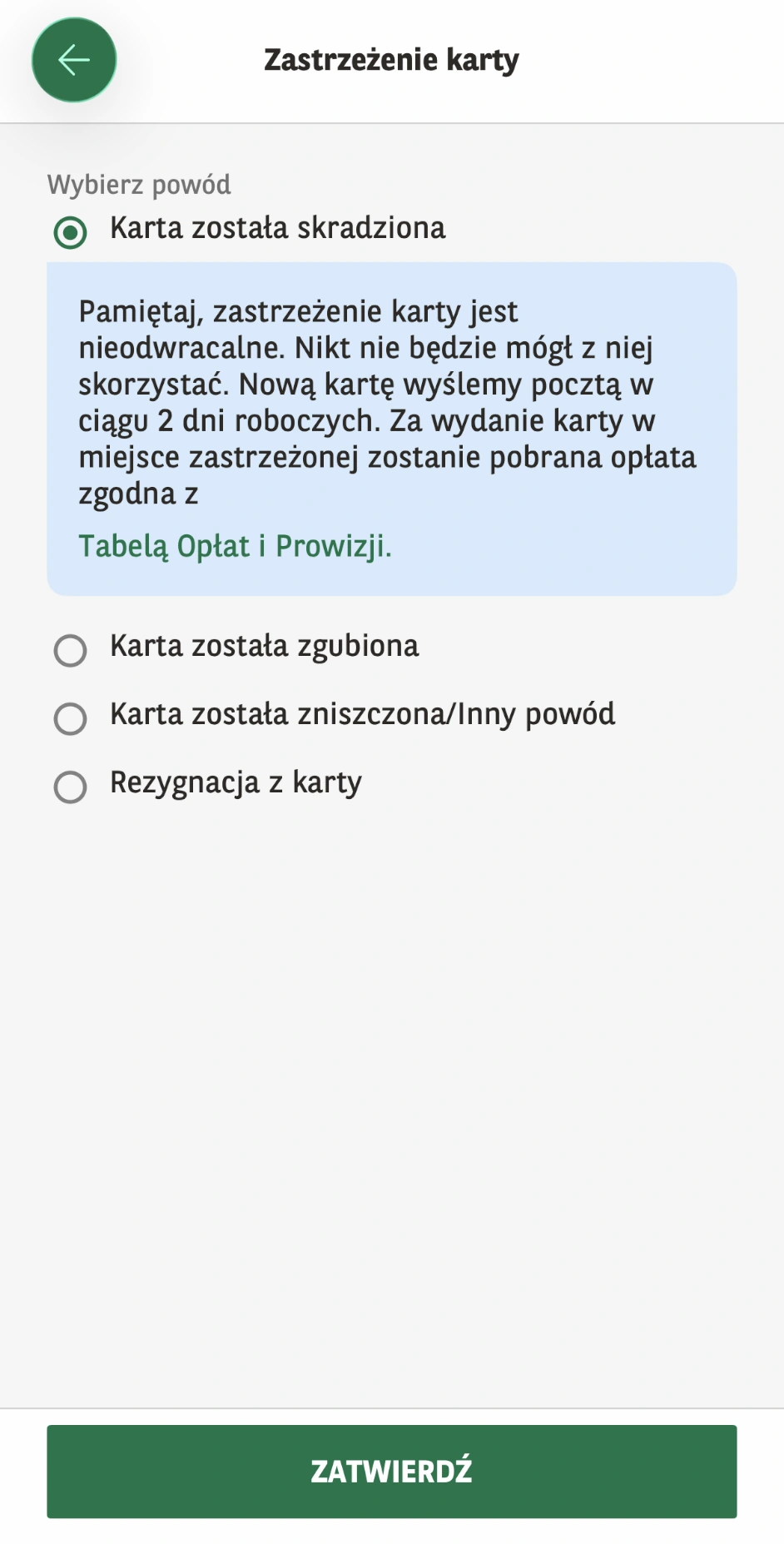 Formularz zastrzeżenia karty w GOmobile z wyborem powodu i informacją o nieodwracalności
