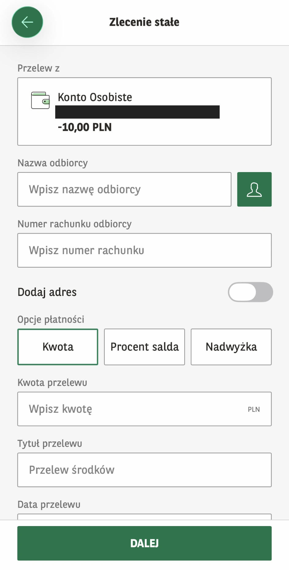 Formularz krajowego zlecenia stałego BNP Paribas w aplikacji GOmobile