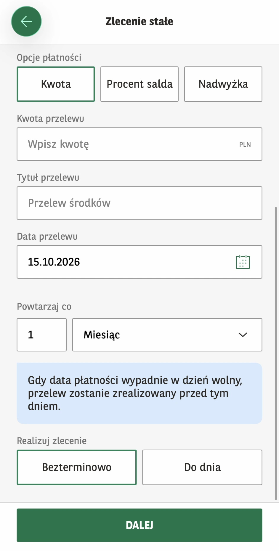 Harmonogram zlecenia stałego z częstotliwością i terminem zakończenia w GOmobile