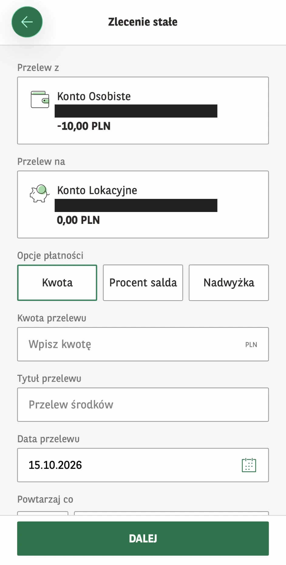 Własne zlecenie stałe z konta osobistego na Konto Lokacyjne BNP Paribas