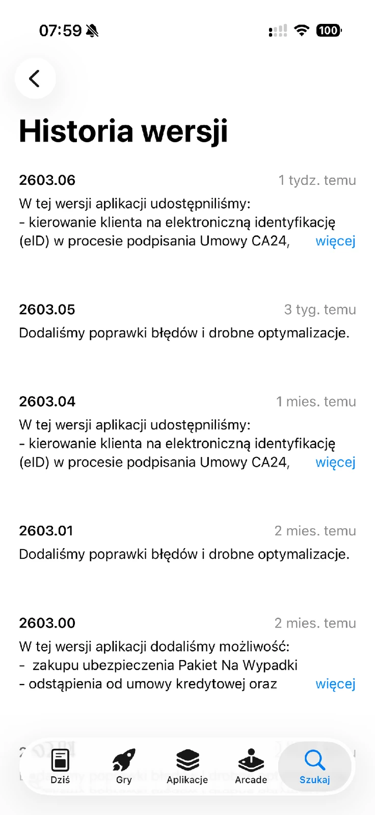 Historia wersji CA24 Mobile w App Store