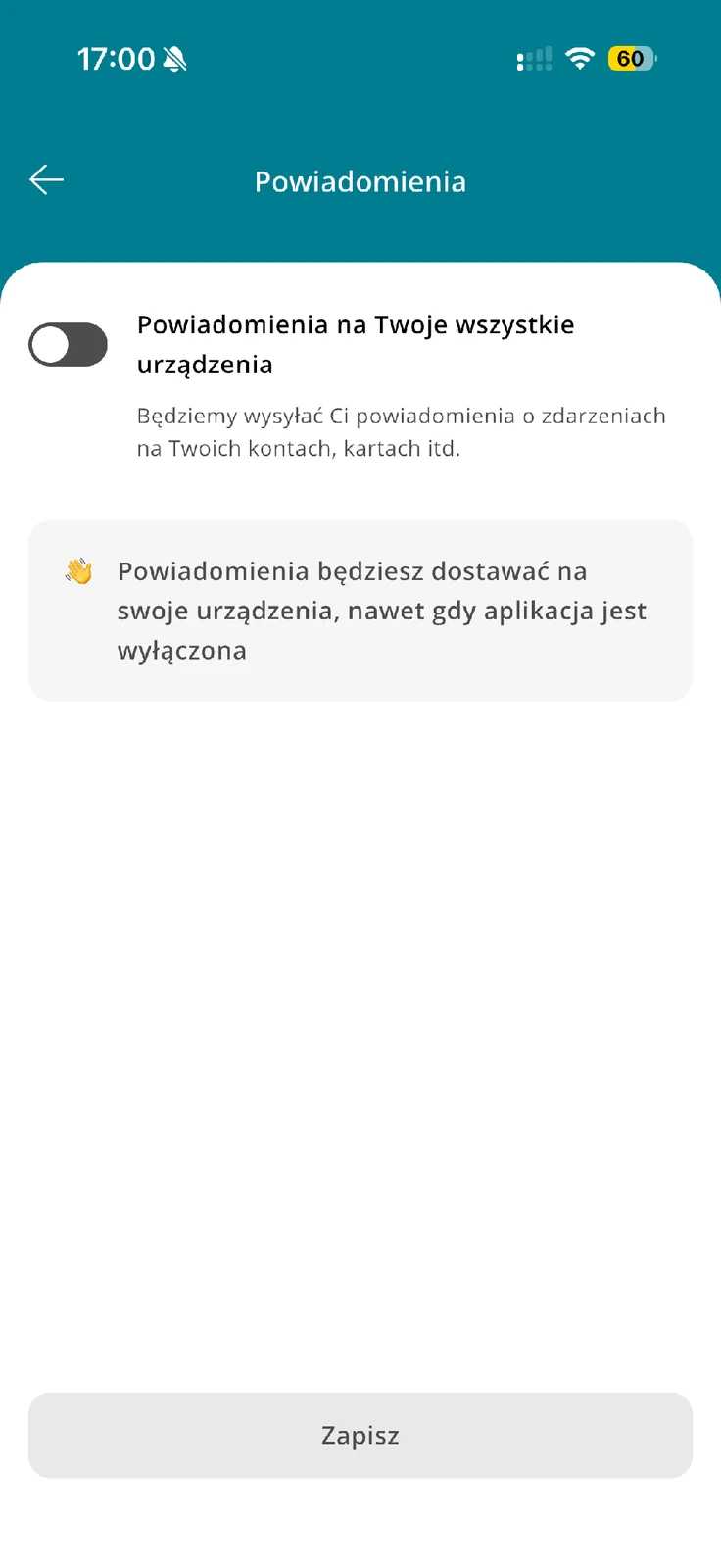 Wyłączony przełącznik powiadomień na wszystkie urządzenia w CA24 Mobile