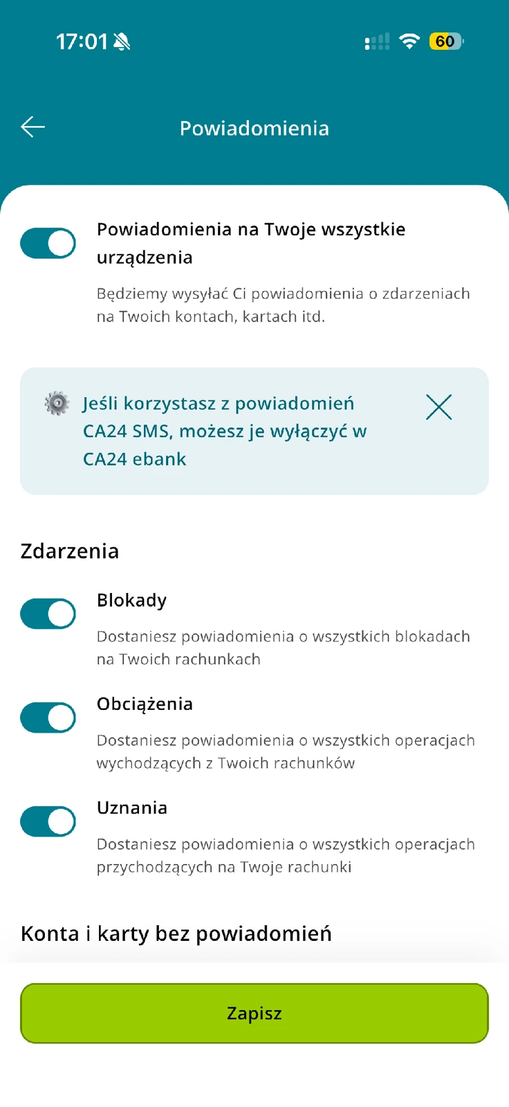 Formularz powiadomień CA24 Mobile z kategoriami blokad, obciążeń i uznań
