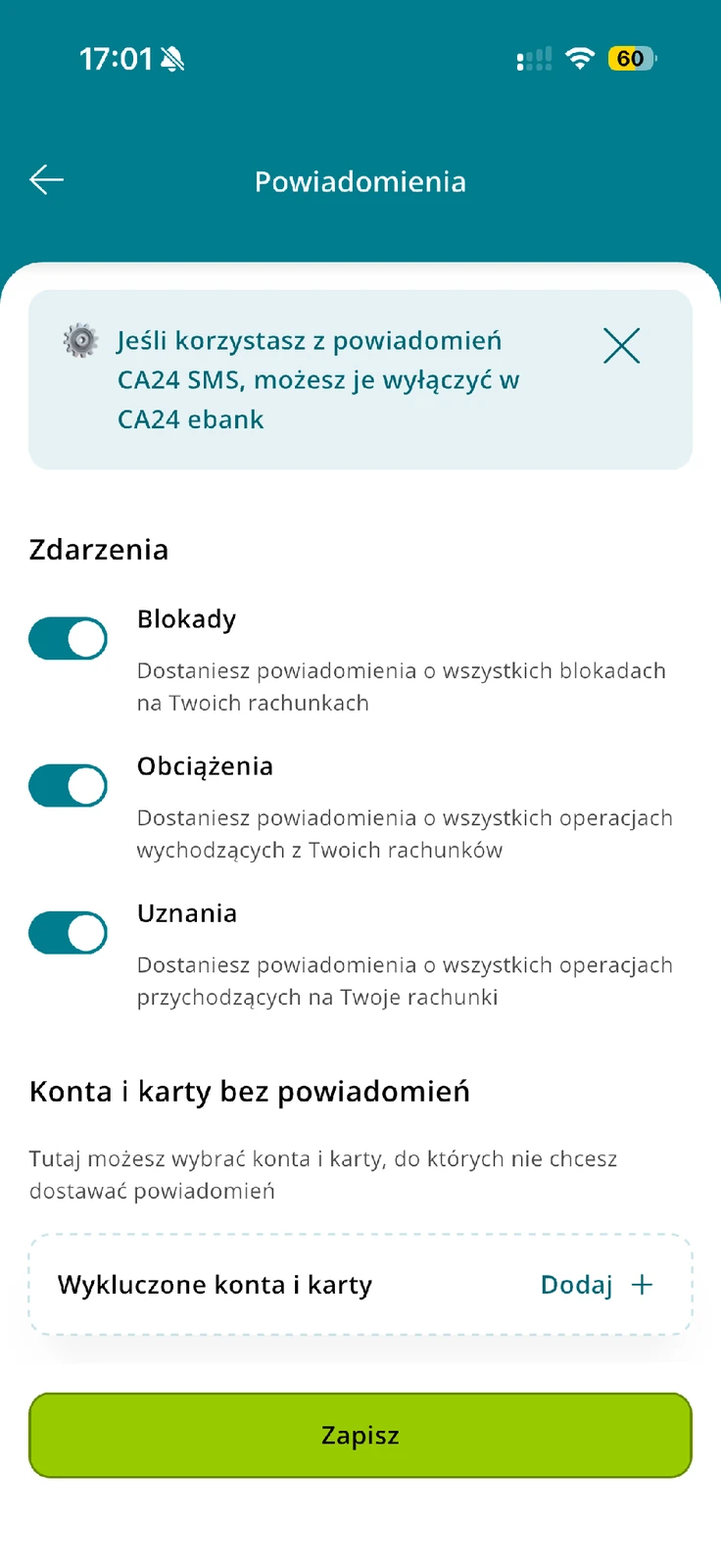 Konta i karty bez powiadomień w CA24 Mobile