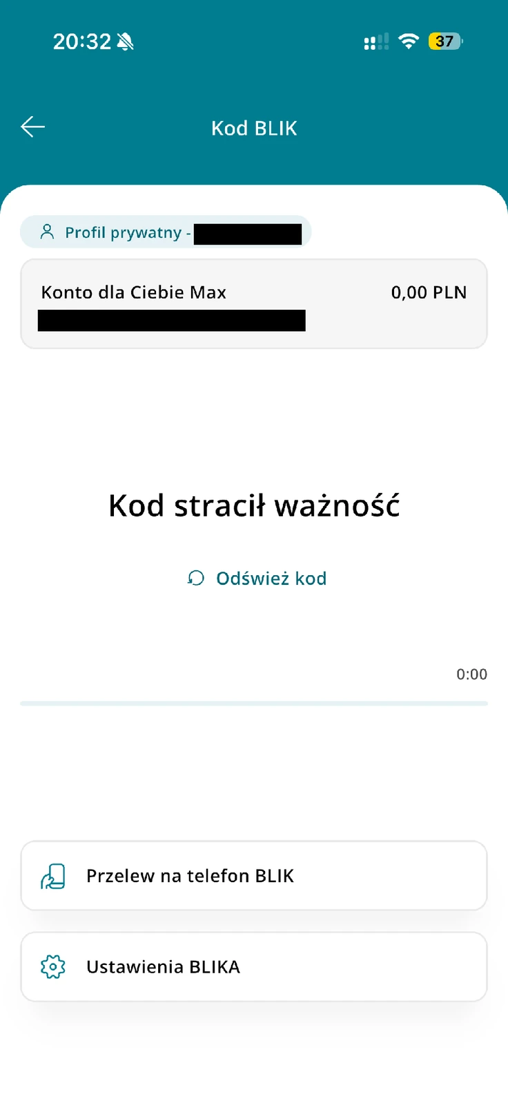 Wygasły kod BLIK w CA24 Mobile z licznikiem 0:00