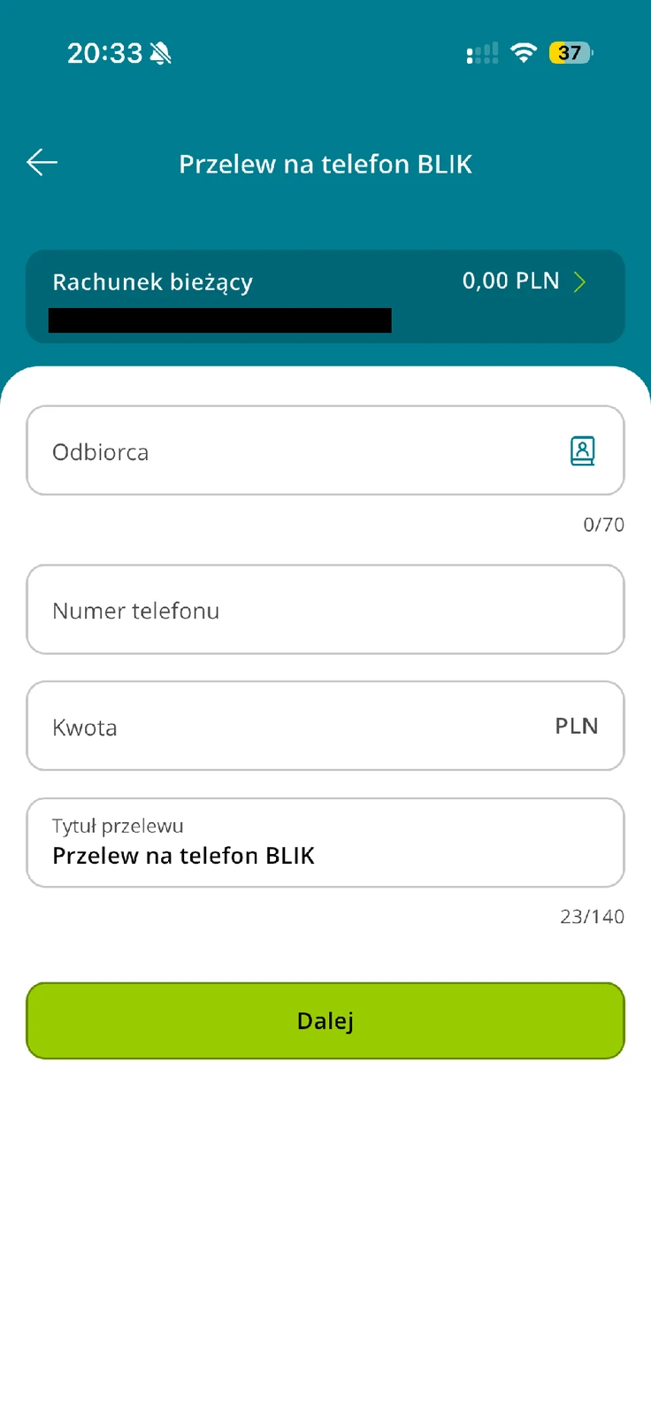 Formularz przelewu na telefon BLIK z polami odbiorcy, numeru, kwoty i tytułu