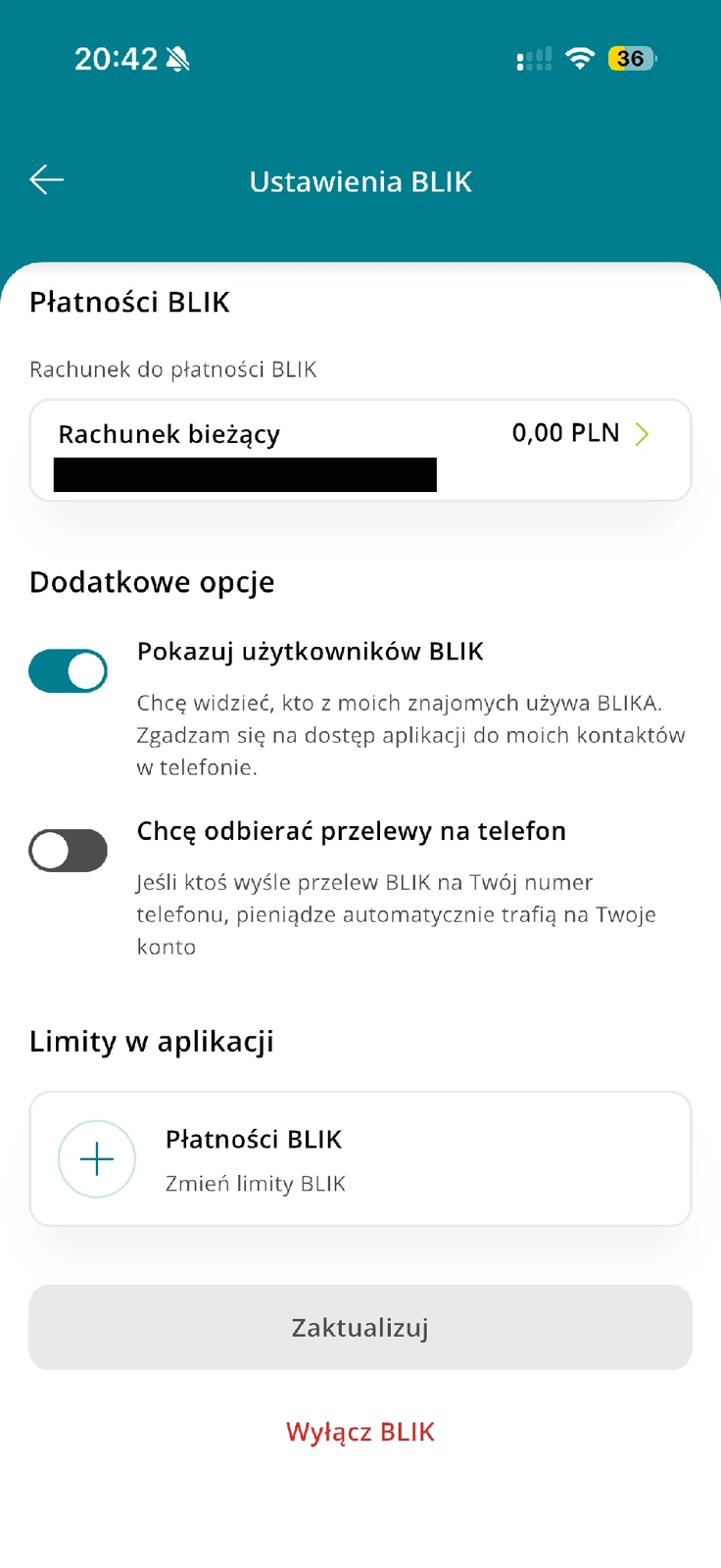 Wyłączona opcja odbierania przelewów na telefon w ustawieniach Credit Agricole