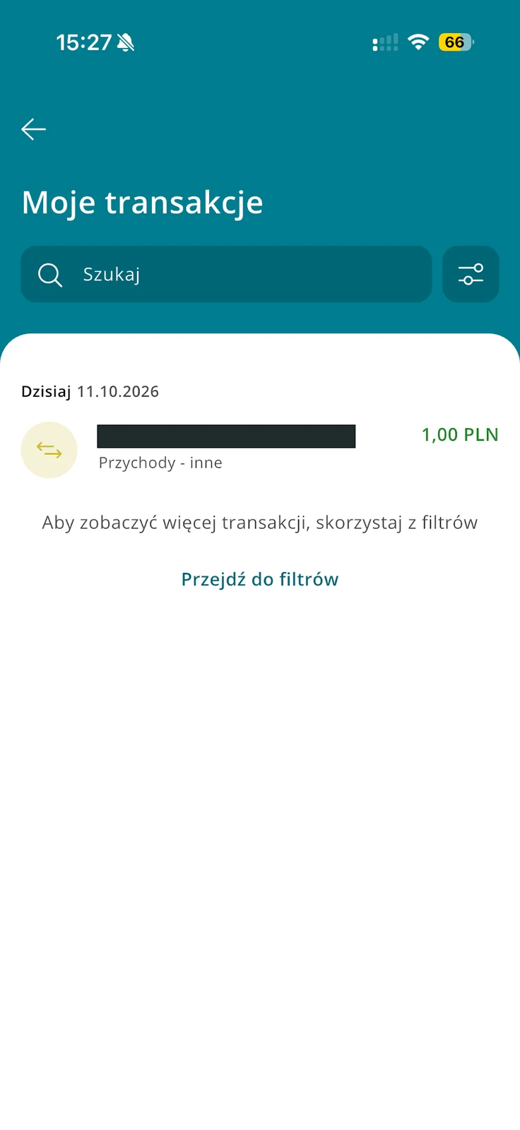 Historia Moje transakcje w CA24 Mobile z wpływem 1 PLN