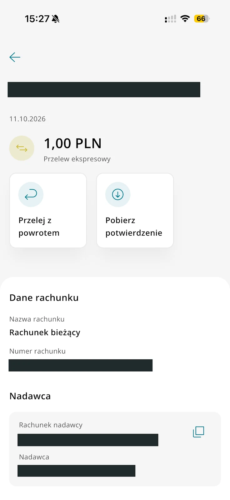 Szczegóły przelewu przychodzącego z przyciskiem Pobierz potwierdzenie