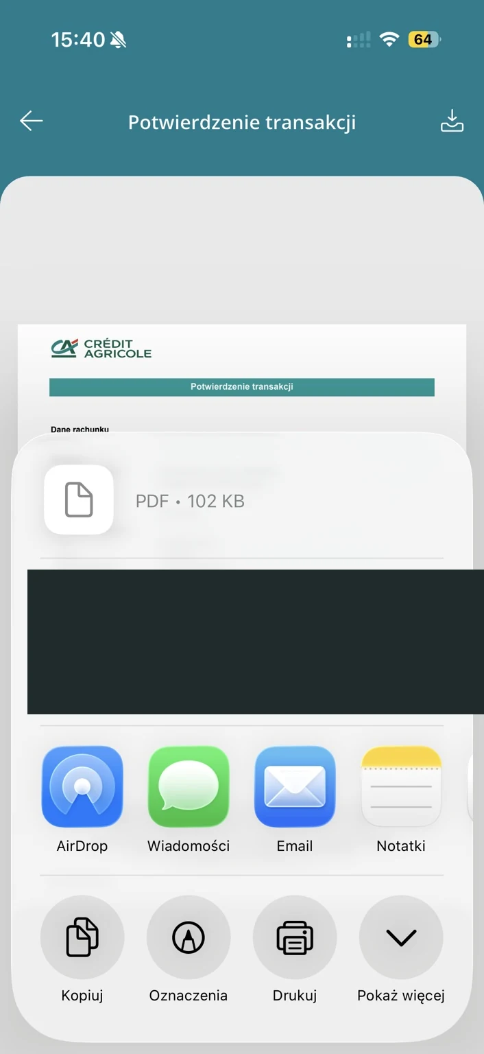 Podgląd potwierdzenia PDF i systemowe opcje udostępniania w iOS