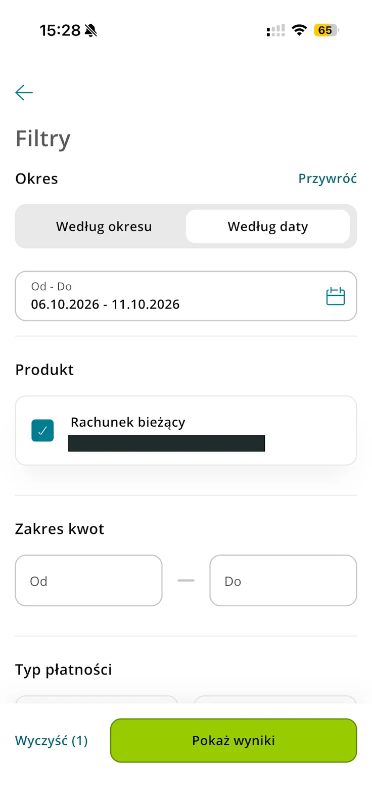 Filtry historii Credit Agricole z zakresem dat, rachunkiem i kwotą
