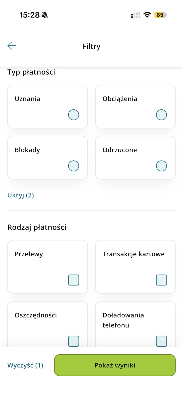 Typy płatności w filtrach: Uznania, Obciążenia, Blokady i Odrzucone