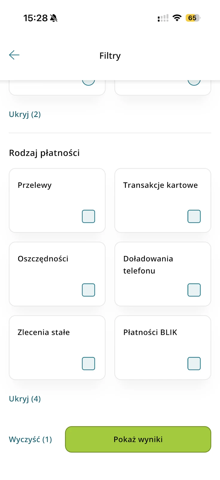 Wybór rodzaju płatności w historii CA24 Mobile