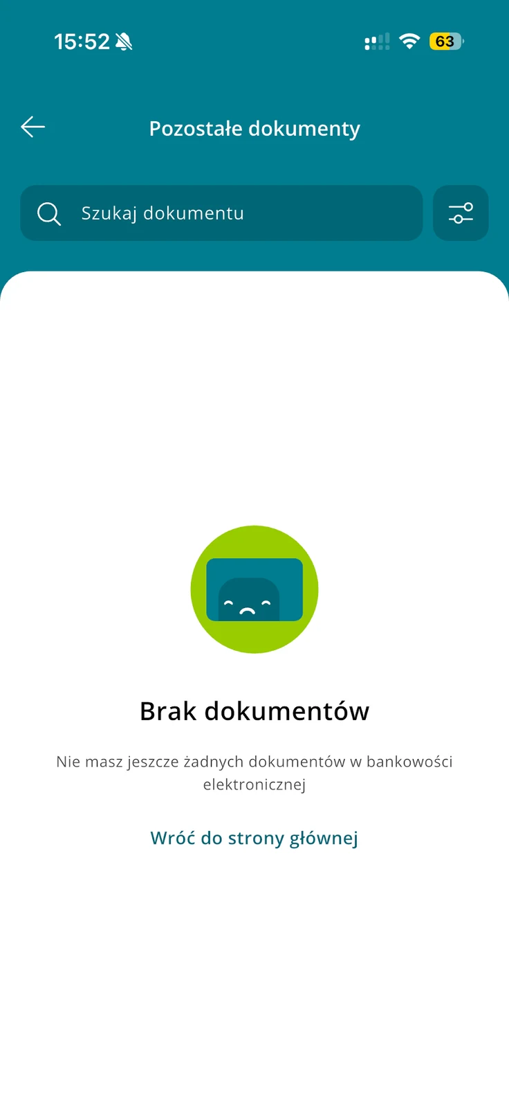 Sekcja Pozostałe dokumenty w CA24 Mobile z komunikatem Brak dokumentów