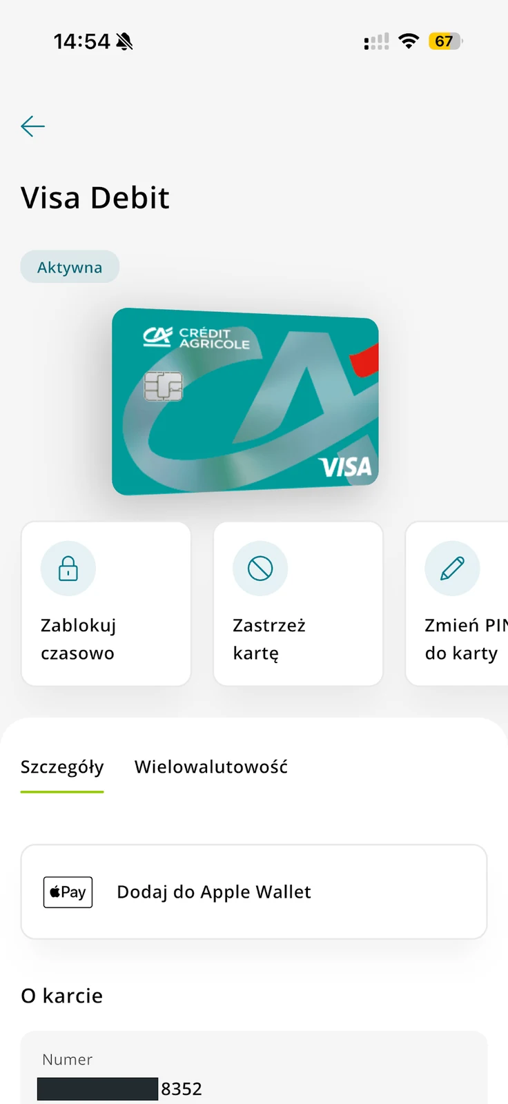 Aktywna Visa Debit w CA24 Mobile z przyciskami blokady, zastrzeżenia i zmiany PIN
