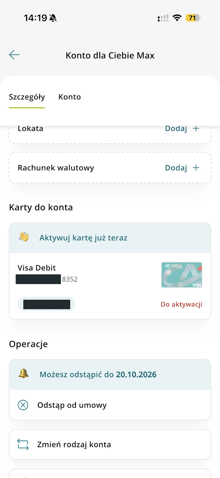 Visa Debit ze statusem Do aktywacji i opcją Aktywuj kartę już teraz