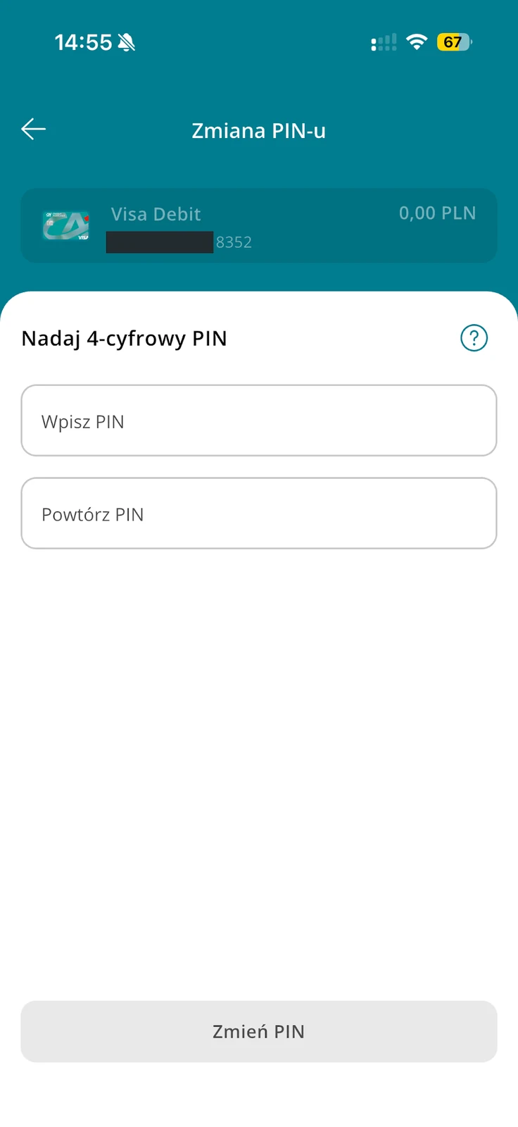 Pusty formularz zmiany czterocyfrowego PIN karty Visa Debit