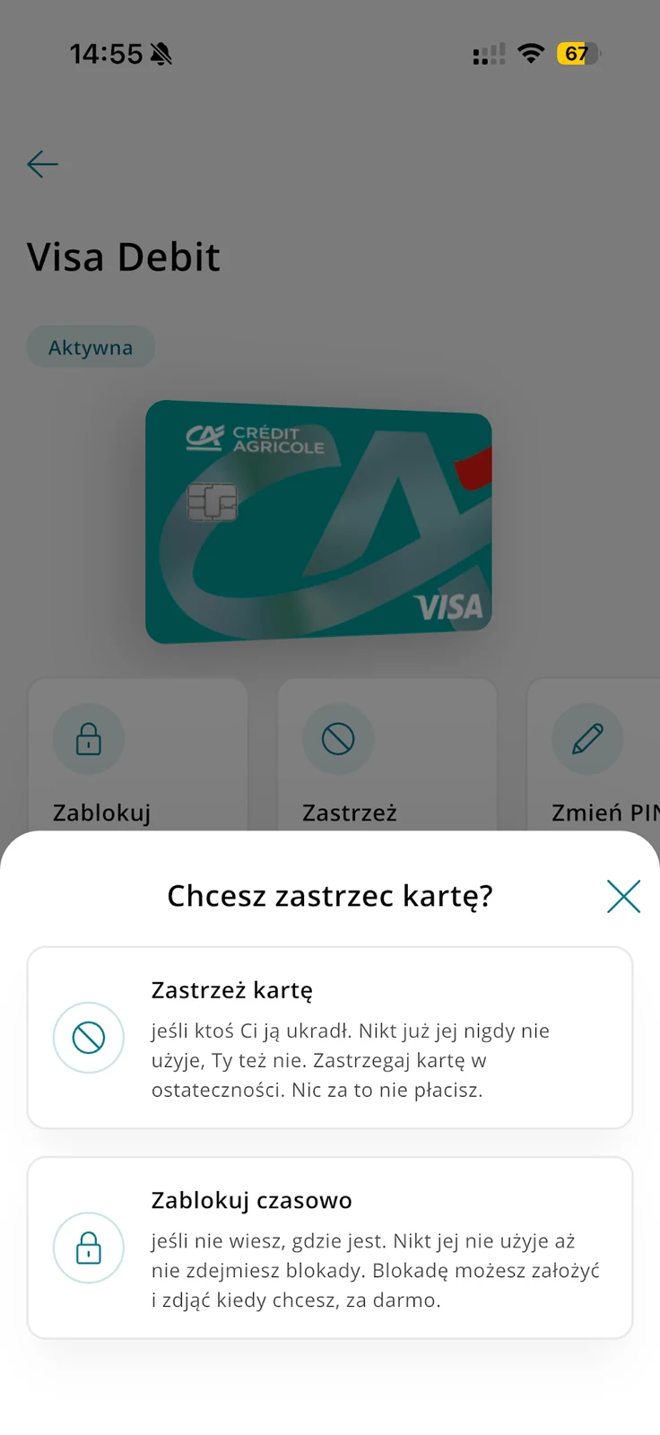 Okno wyboru zastrzeżenia lub czasowej blokady karty w CA24 Mobile